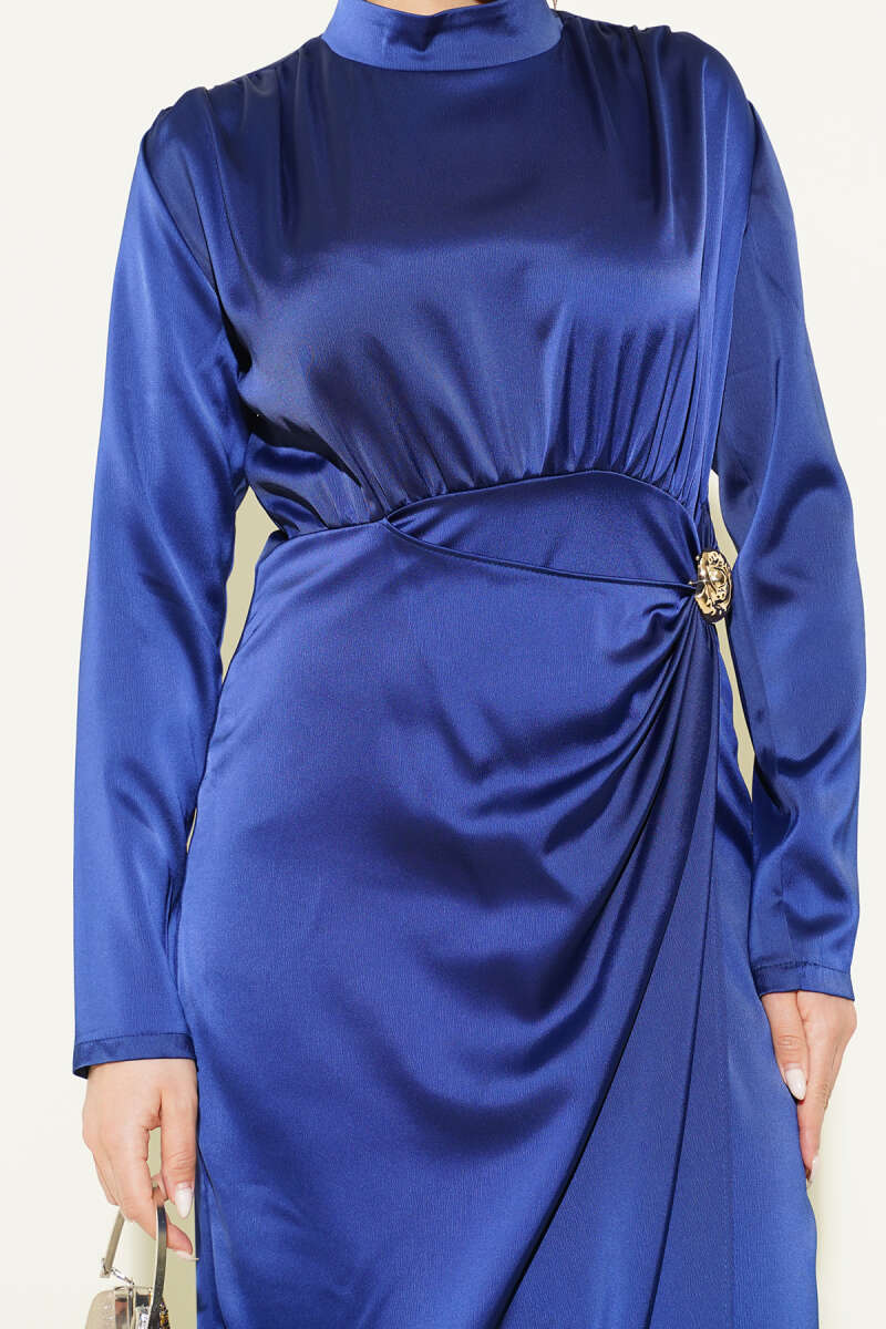 Side-Ruched Satin Evening Dress with Gold Buckle - Navy