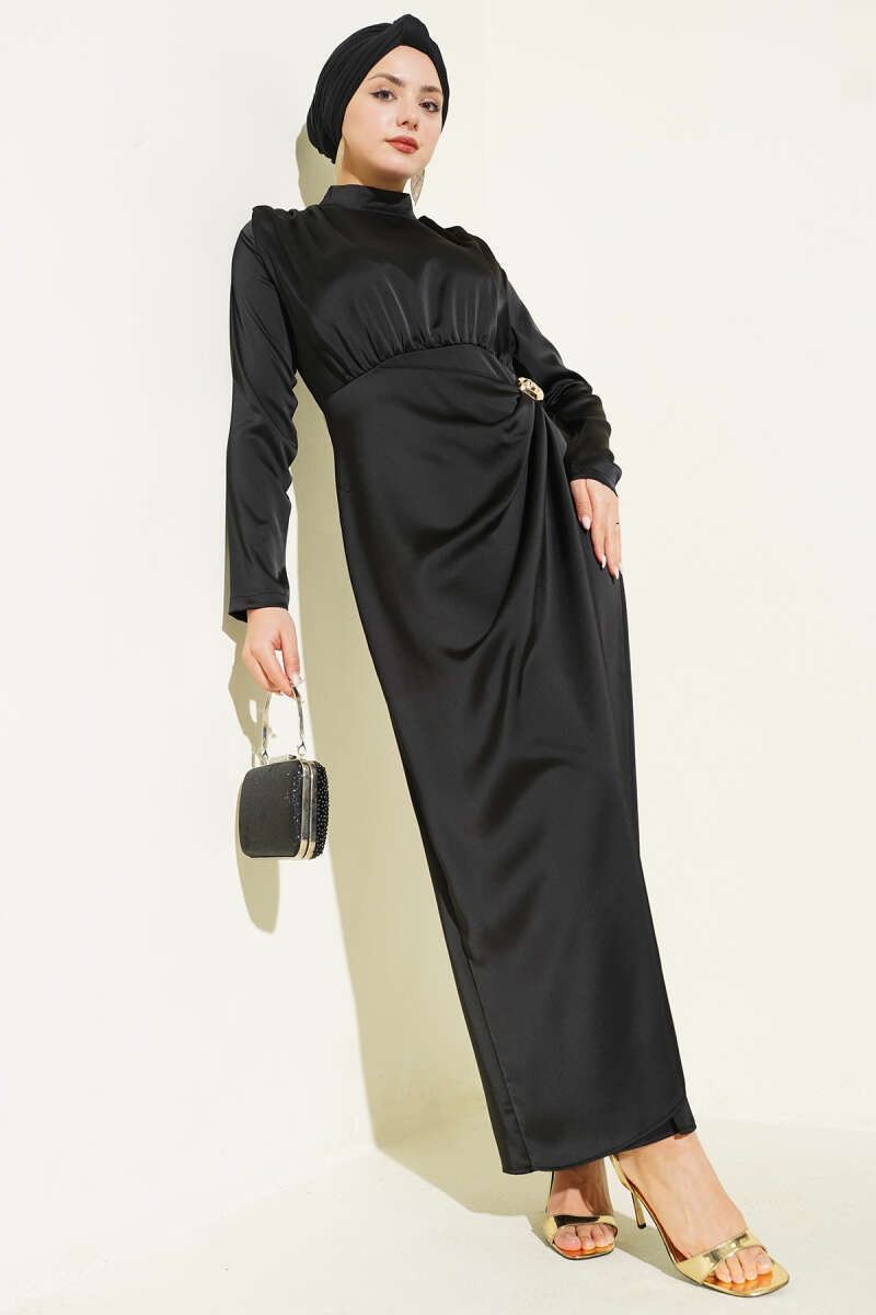 Side-Ruched Satin Evening Dress with Gold Buckle - Black