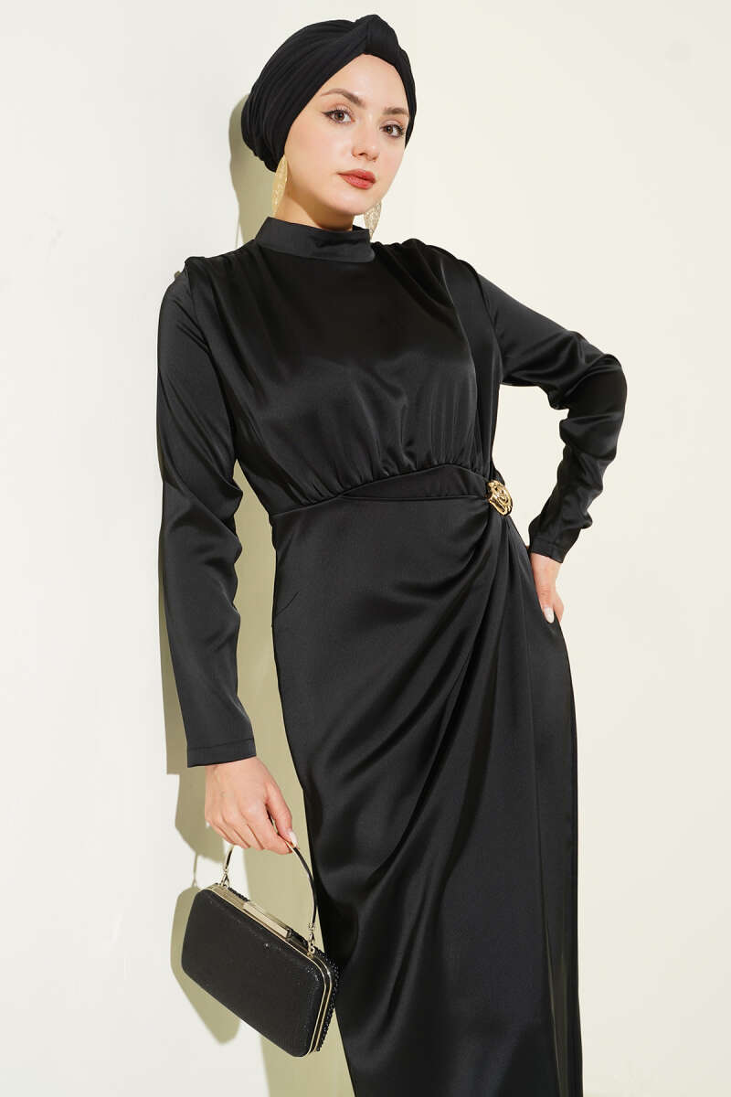 Side-Ruched Satin Evening Dress with Gold Buckle - Black