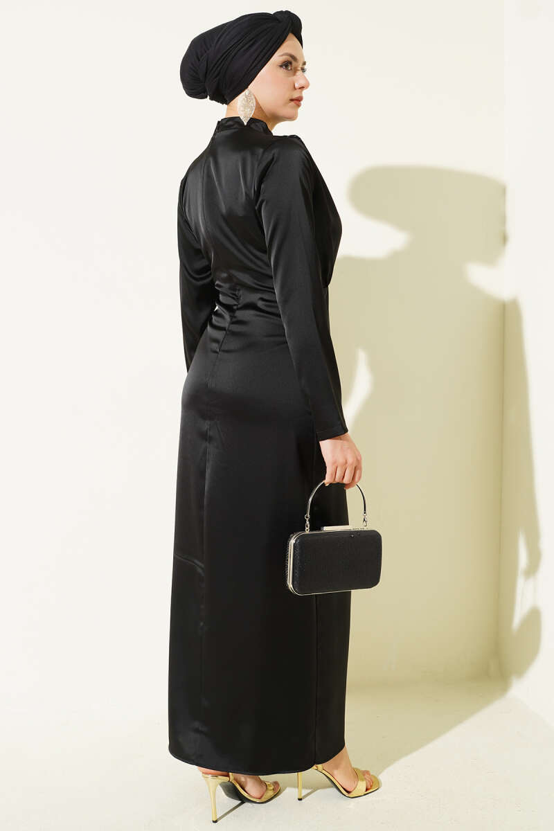 Side-Ruched Satin Evening Dress with Gold Buckle - Black