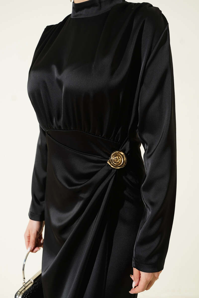 Side-Ruched Satin Evening Dress with Gold Buckle - Black