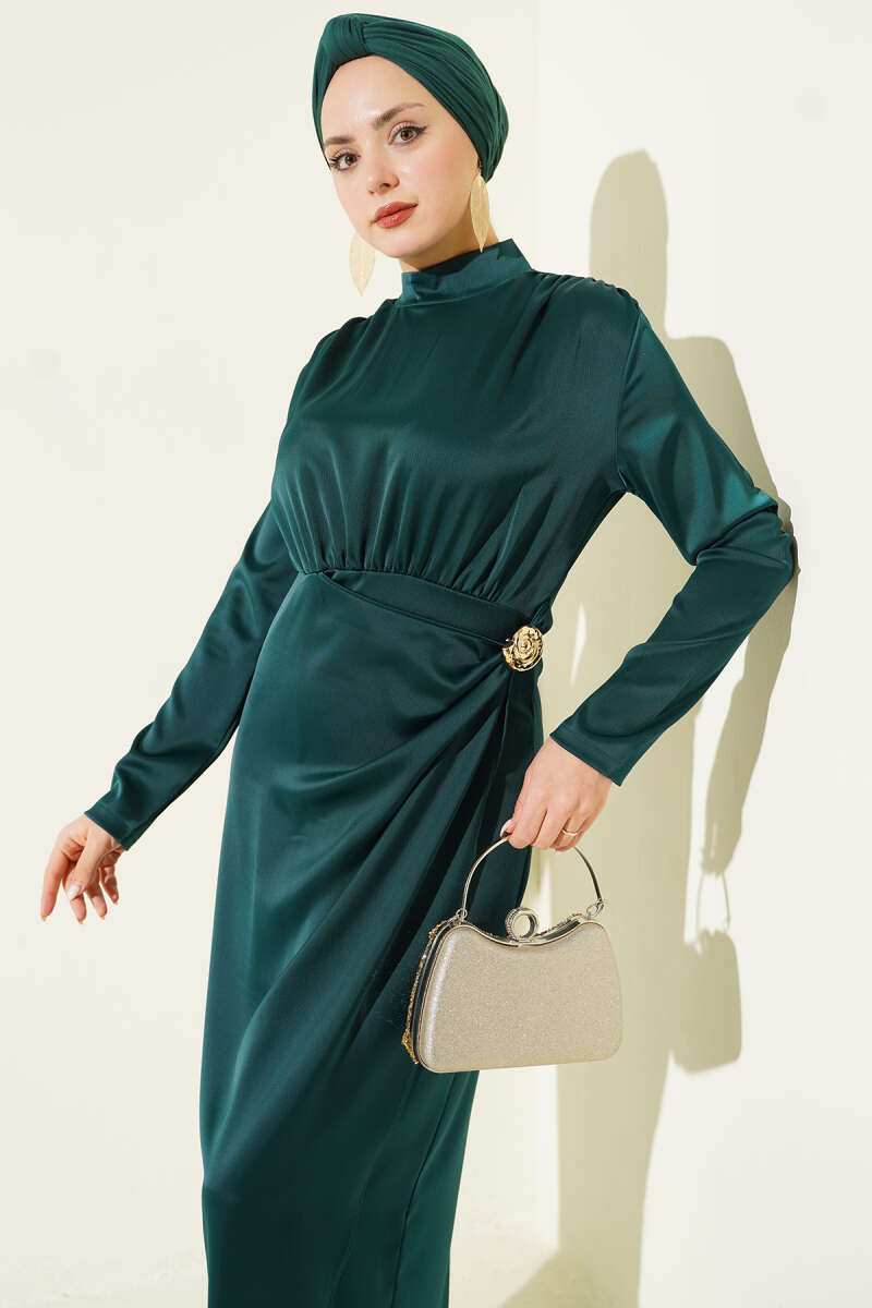 Side-Ruched Satin Evening Dress with Gold Buckle - Emerald