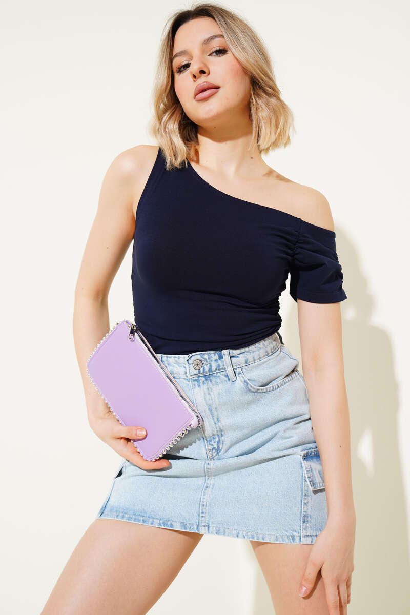 One-Sleeve Blouse with Side Ruching - Navy