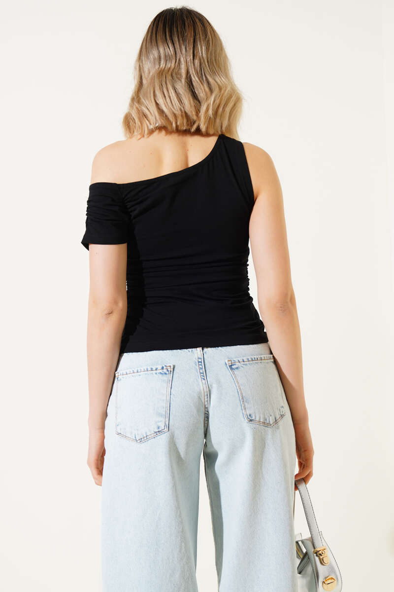 One-Sleeve Blouse with Side Ruching - Black
