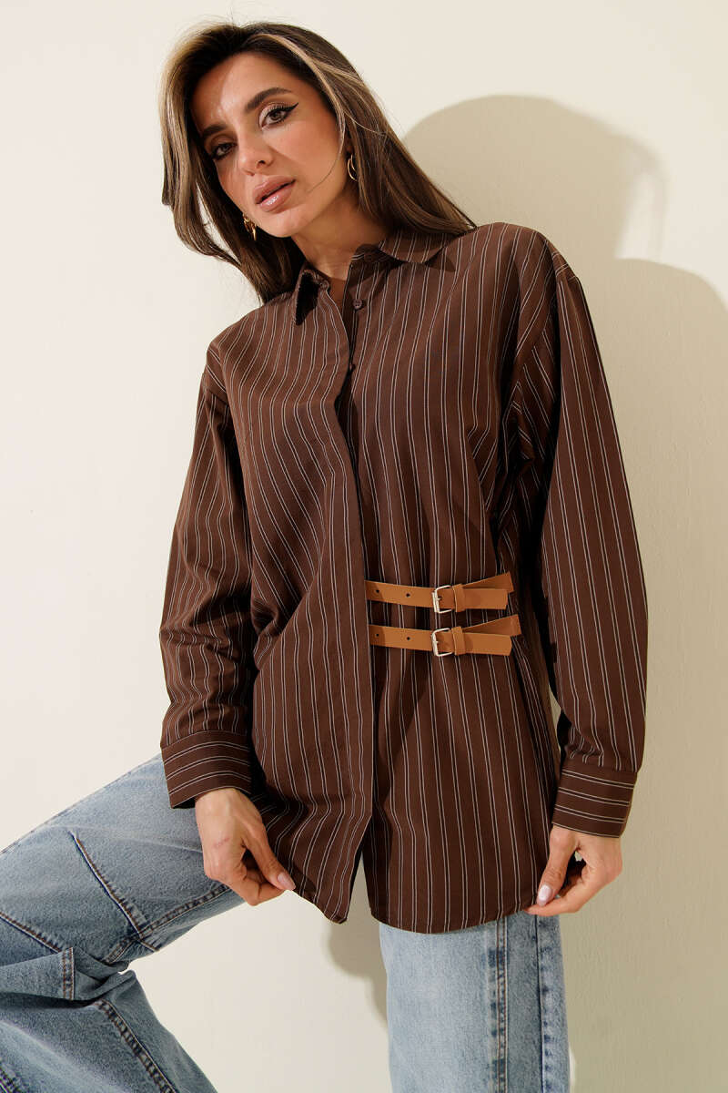 Striped Shirt with Double Side Belts - Brown