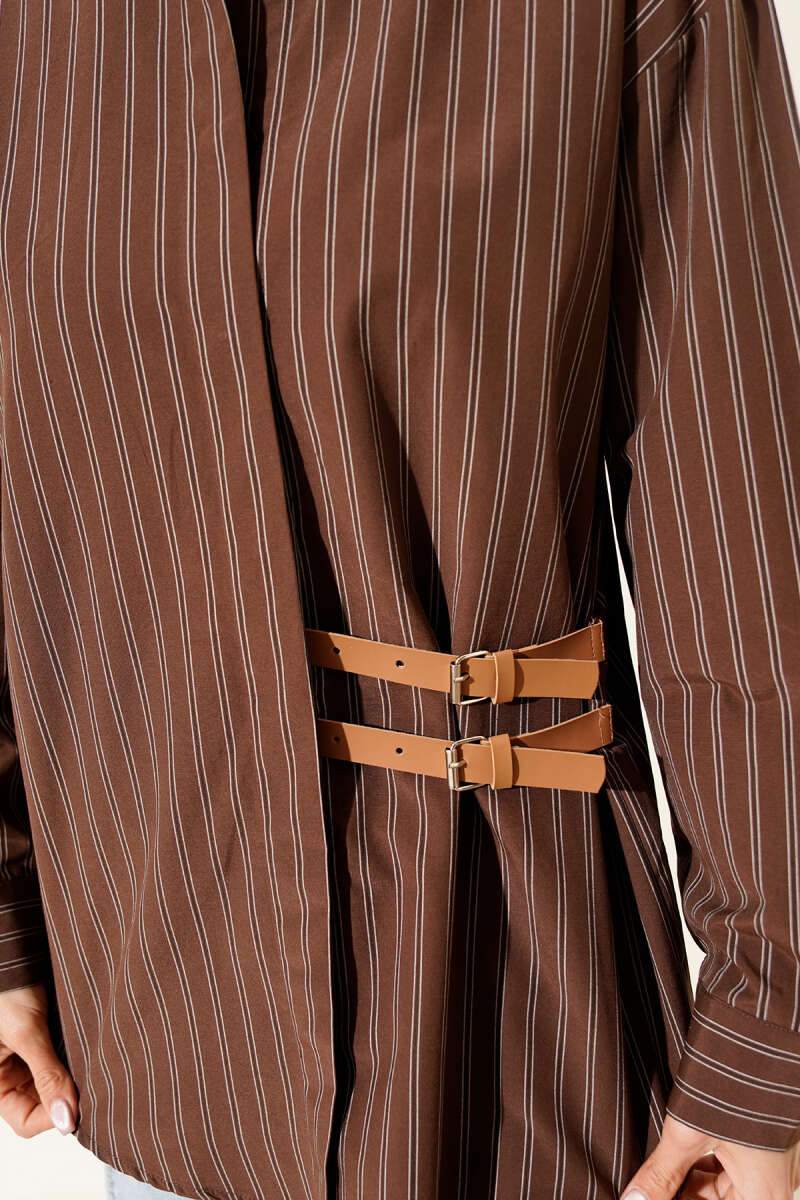 Striped Shirt with Double Side Belts - Brown
