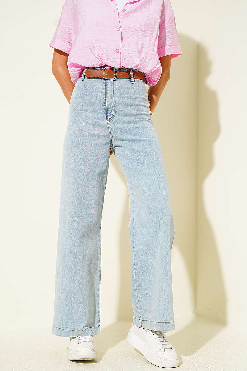 Belted Seamless-Side Wide-Leg Jeans - Ice Blue