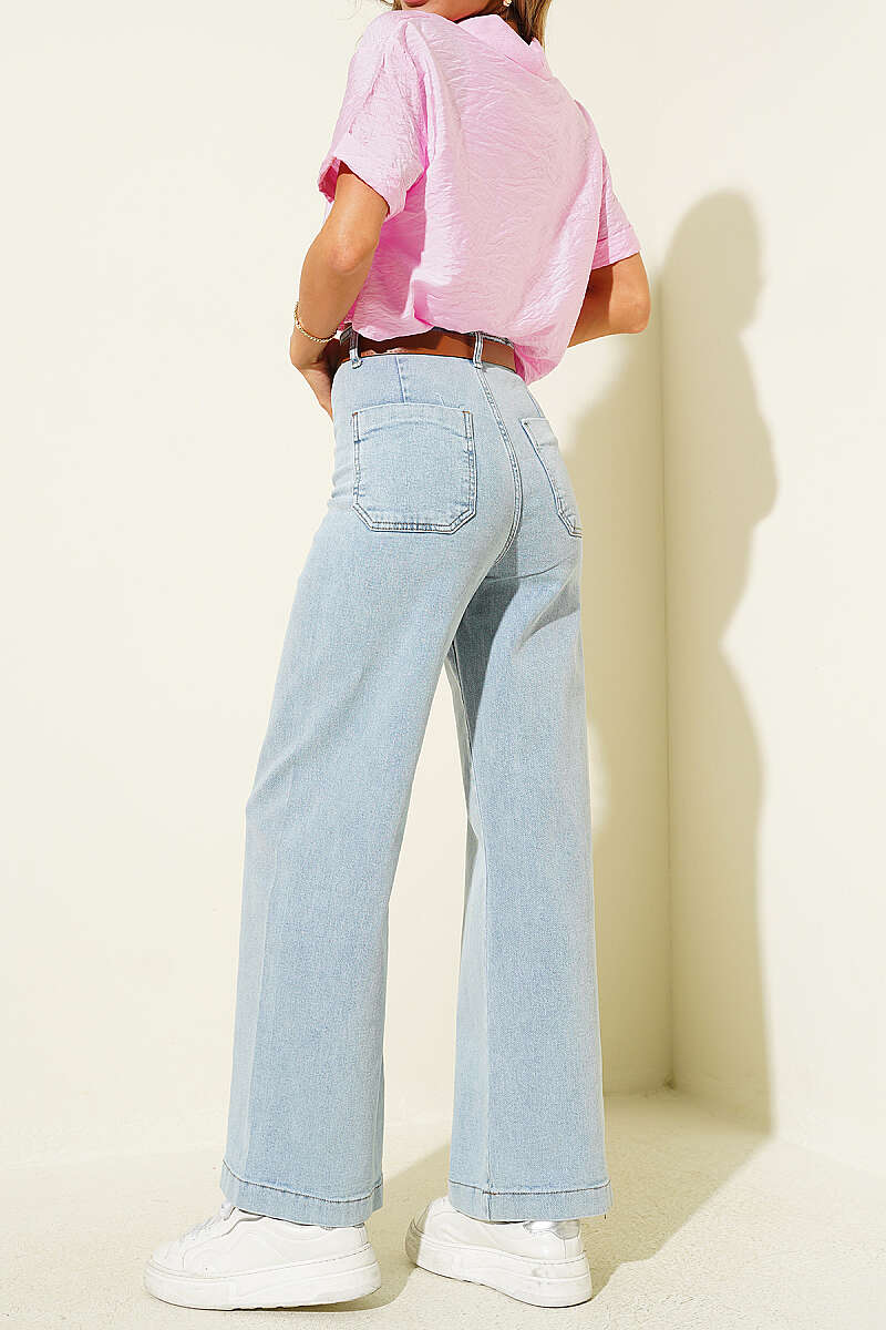 Belted Seamless-Side Wide-Leg Jeans - Ice Blue