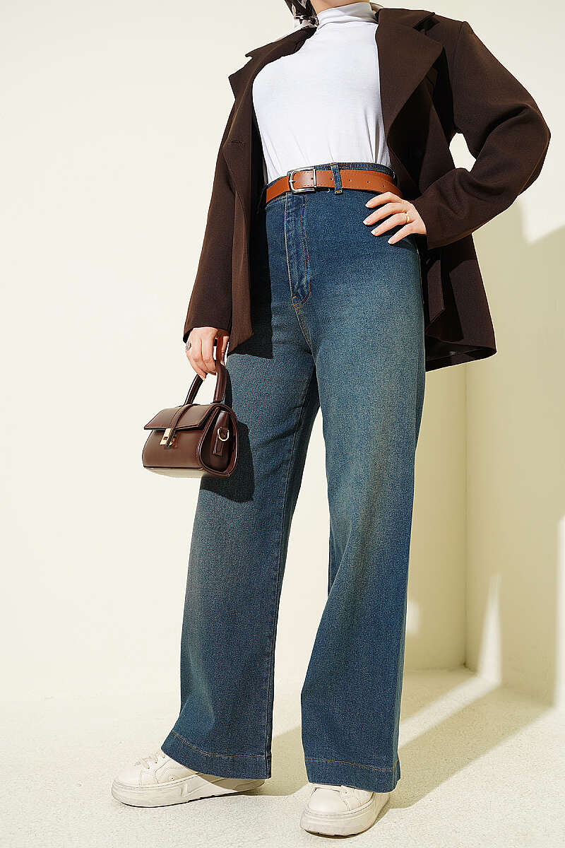 Belted Seamless-Side Wide-Leg Jeans - Dark Blue
