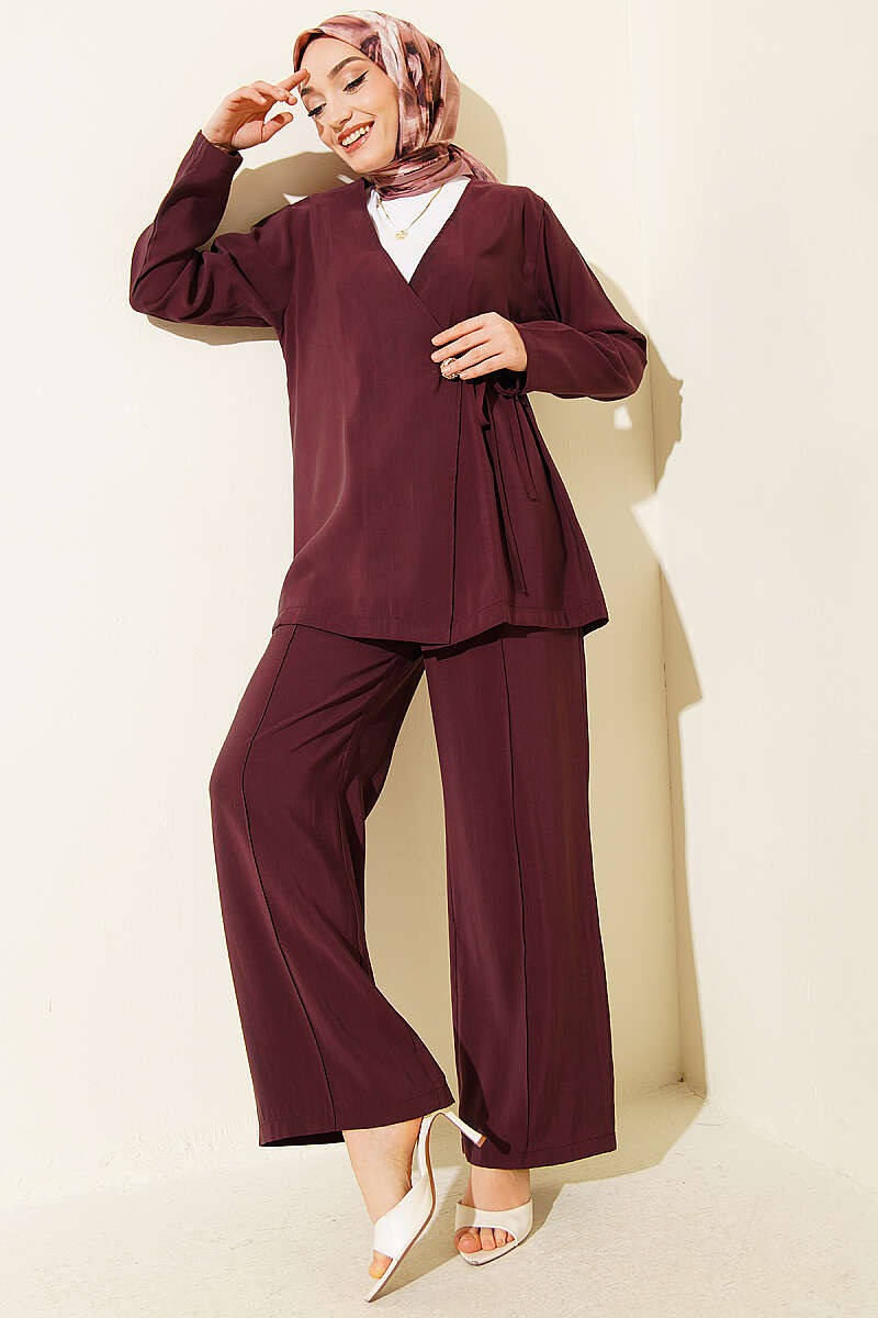 Side-Button Tie Modal Two-Piece Set - Burgundy