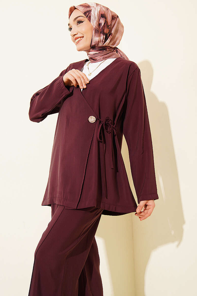 Side-Button Tie Modal Two-Piece Set - Burgundy