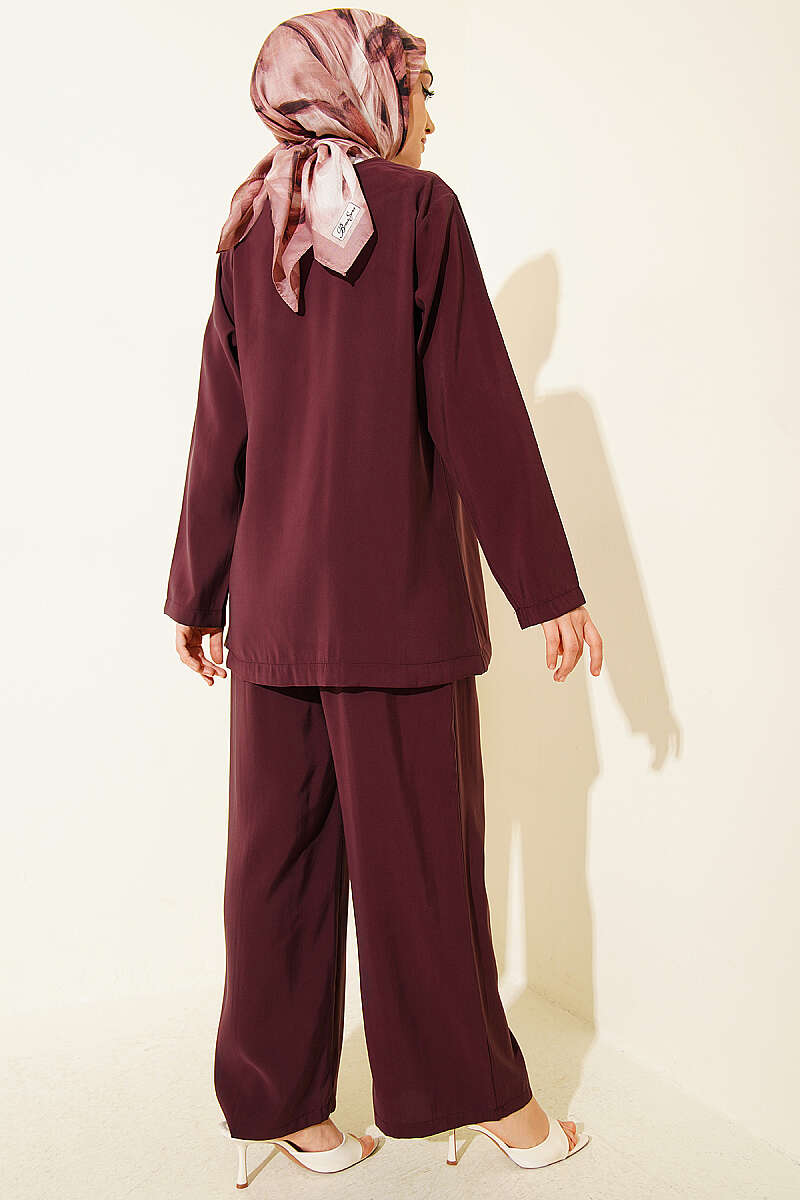 Side-Button Tie Modal Two-Piece Set - Burgundy