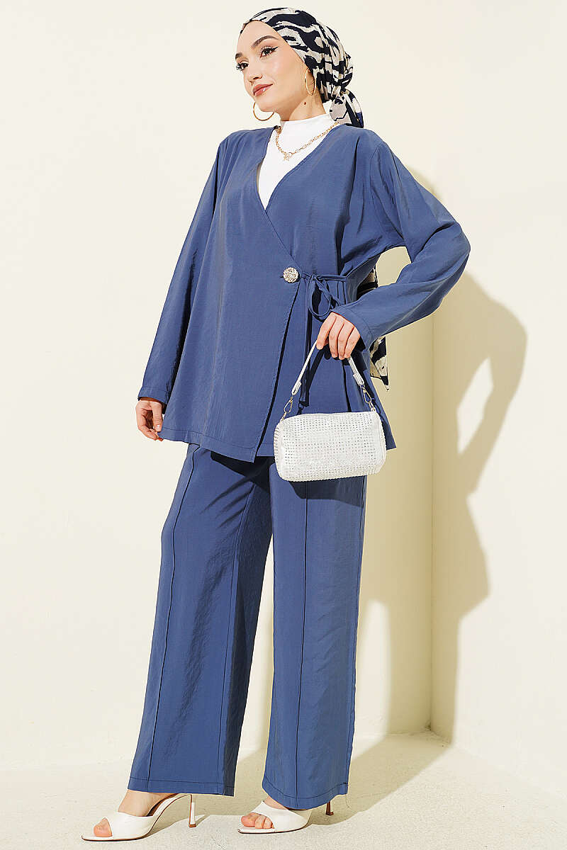 Side-Button Tie Modal Two-Piece Set - Indigo