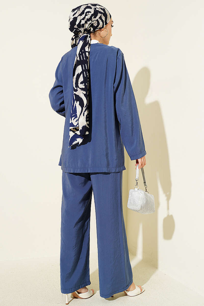 Side-Button Tie Modal Two-Piece Set - Indigo