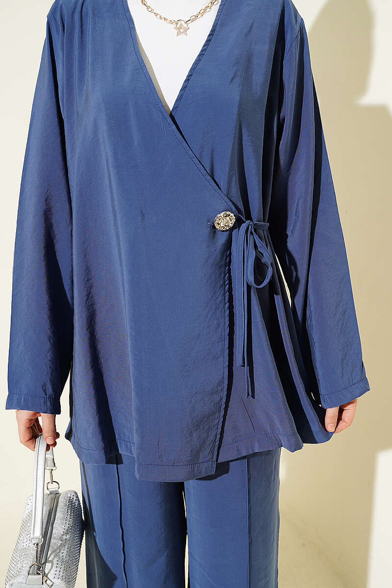 Side-Button Tie Modal Two-Piece Set - Indigo