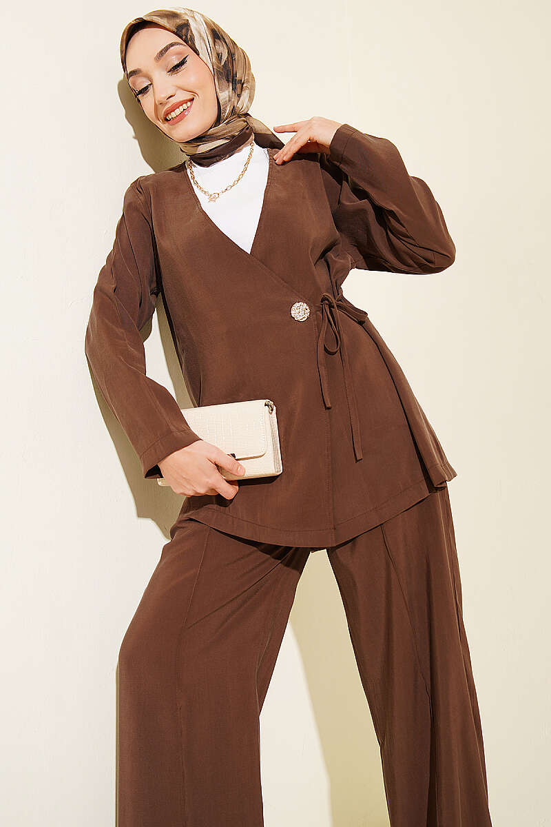 Side-Button Tie Modal Two-Piece Set - Brown
