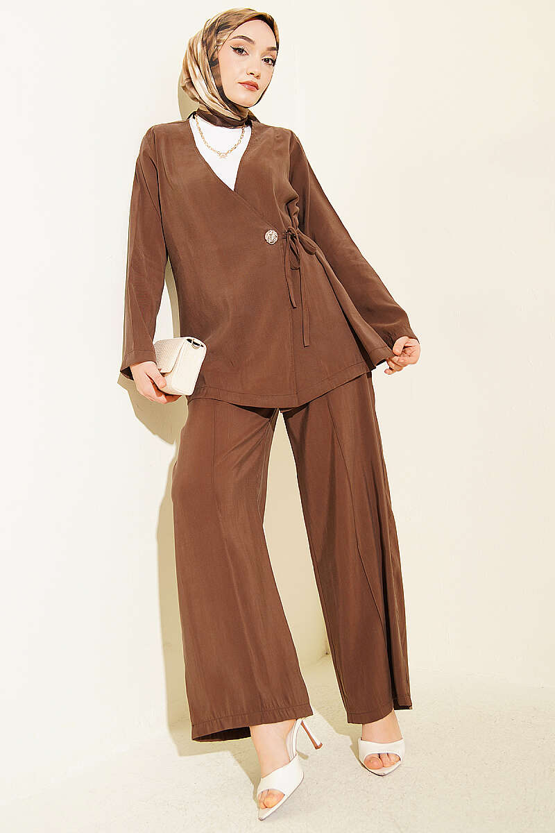 Side-Button Tie Modal Two-Piece Set - Brown
