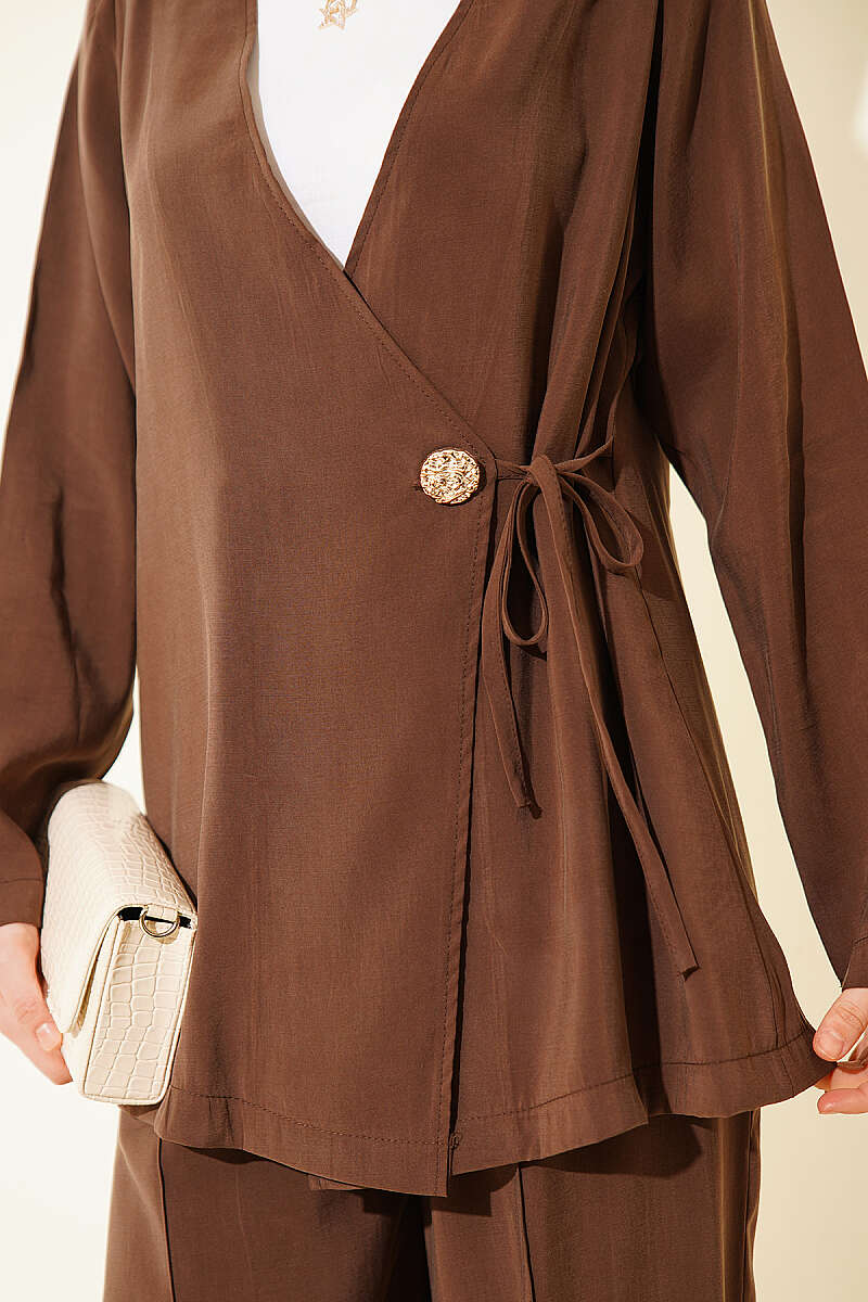 Side-Button Tie Modal Two-Piece Set - Brown