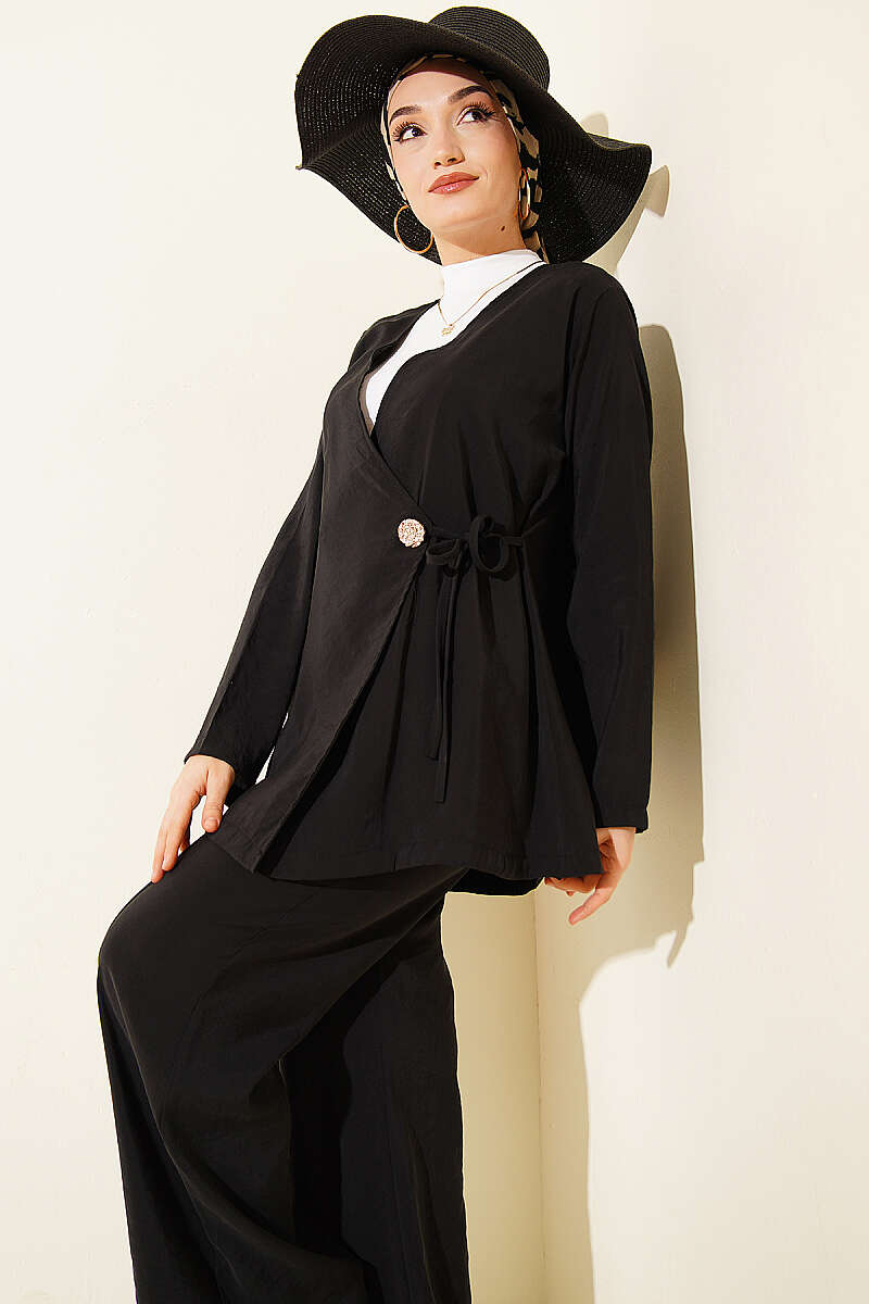 Side-Button Tie Modal Two-Piece Set - Black