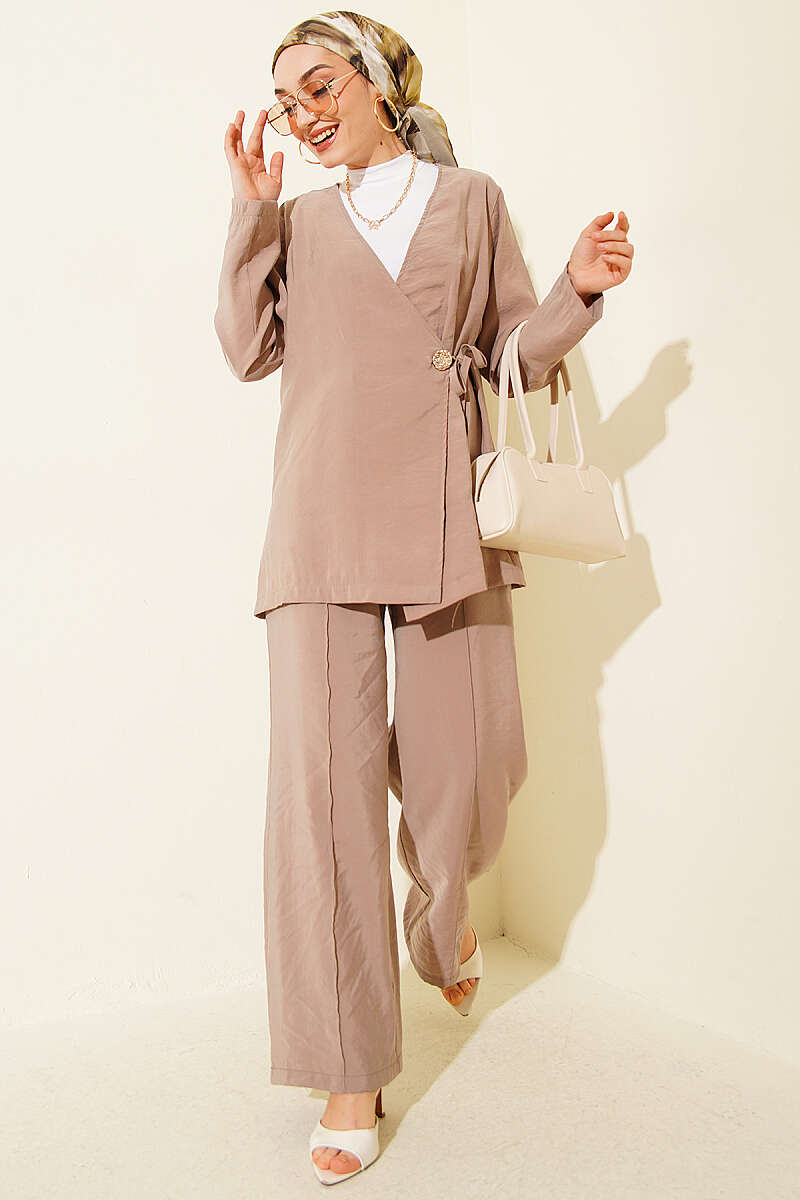 Side-Button Tie Modal Two-Piece Set - Mink