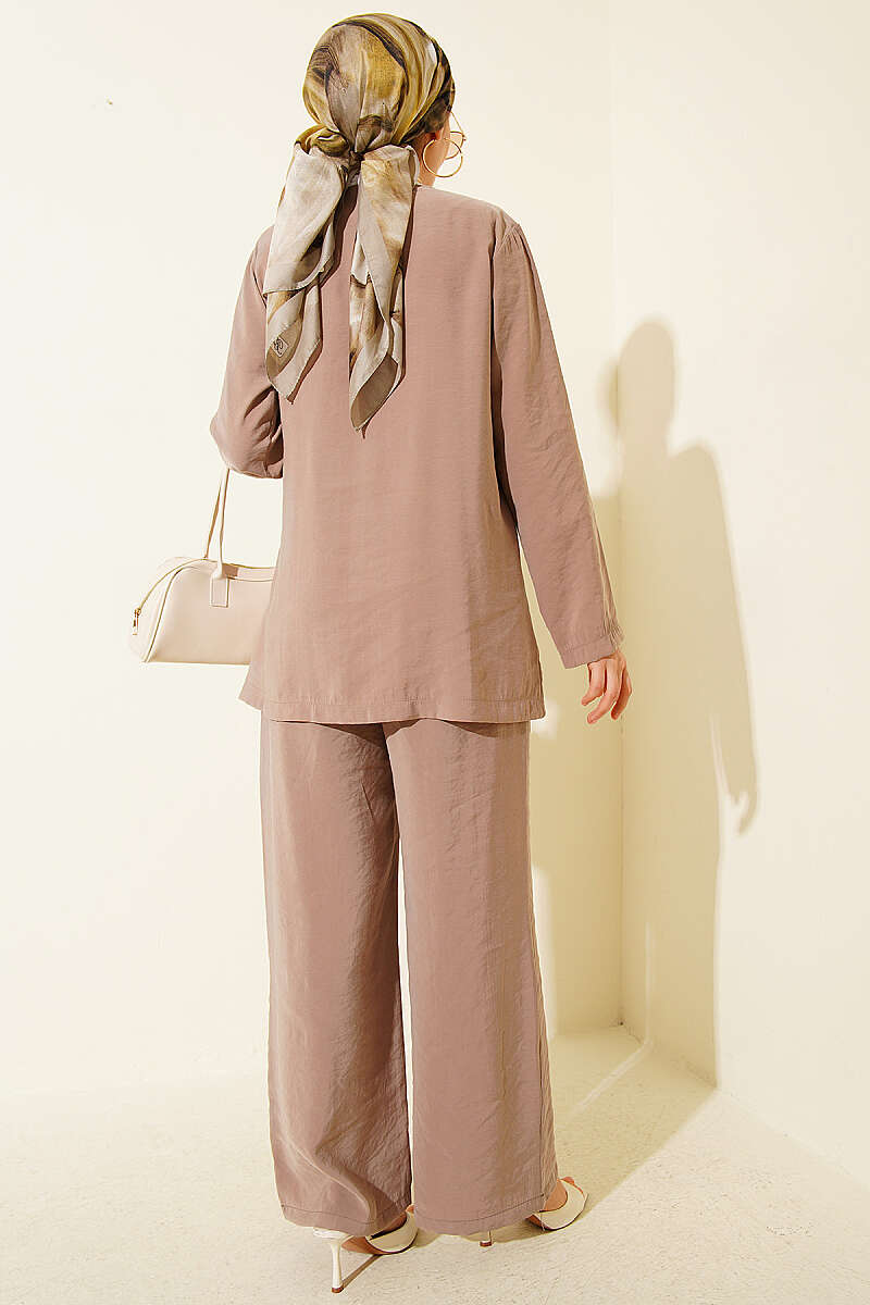 Side-Button Tie Modal Two-Piece Set - Mink