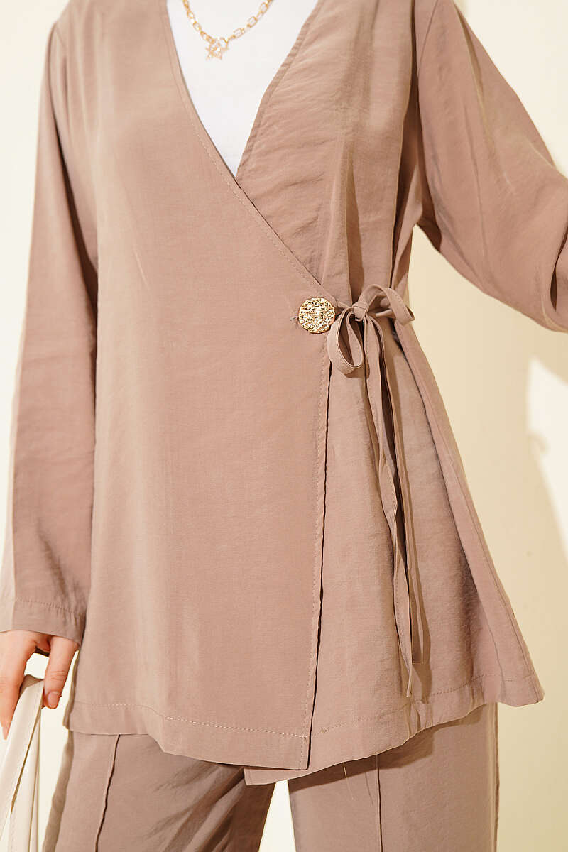 Side-Button Tie Modal Two-Piece Set - Mink
