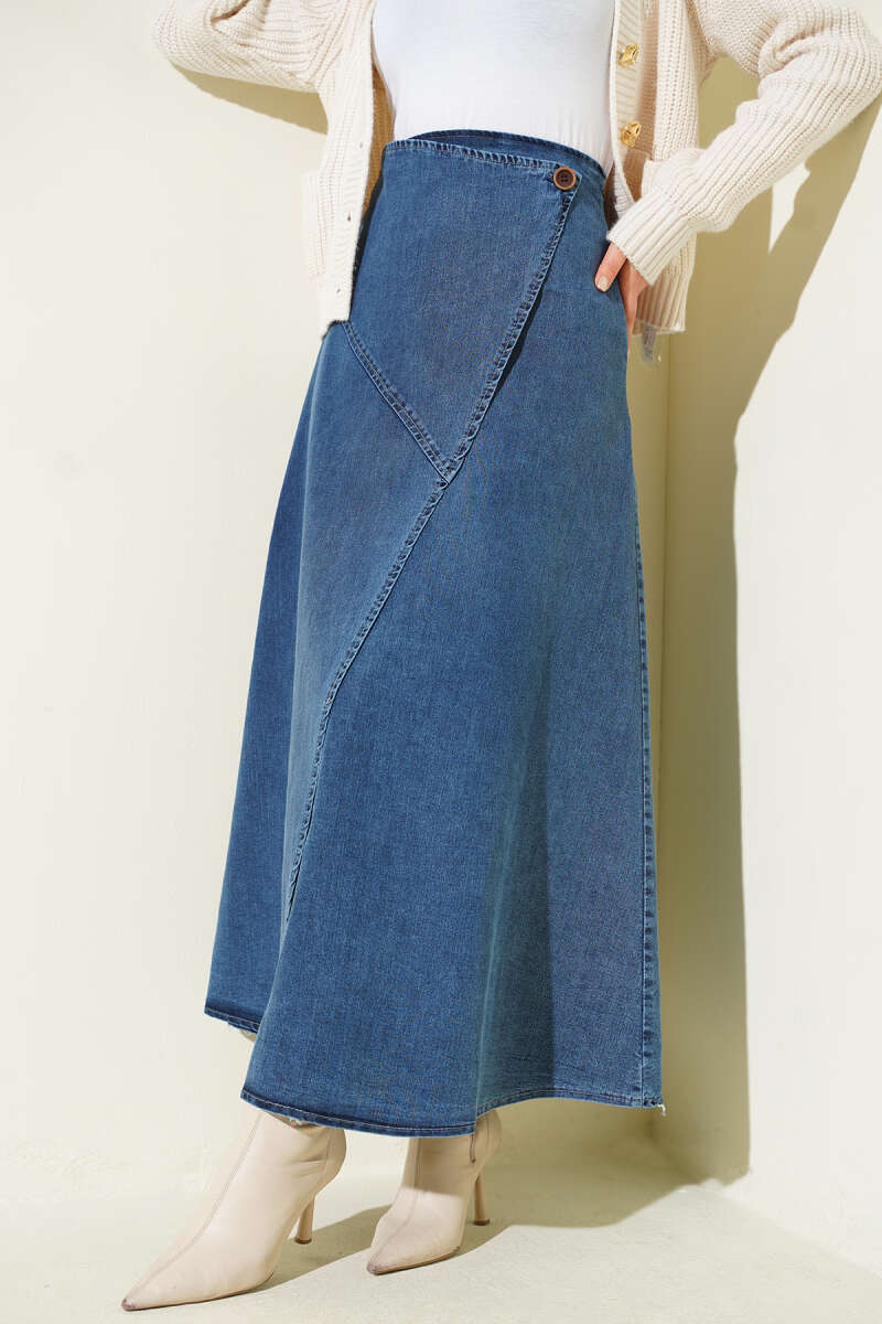 Flared Denim Skirt with Side Buttons - Blue