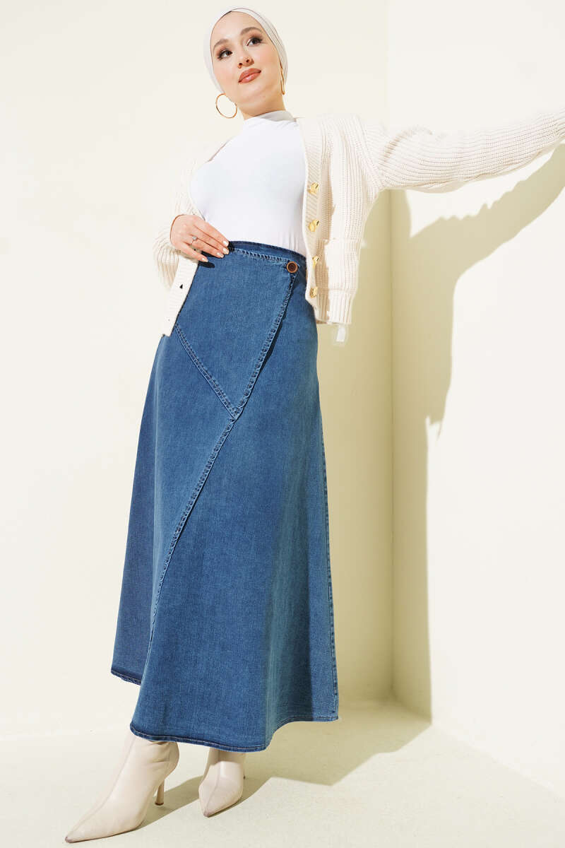 Flared Denim Skirt with Side Buttons - Blue