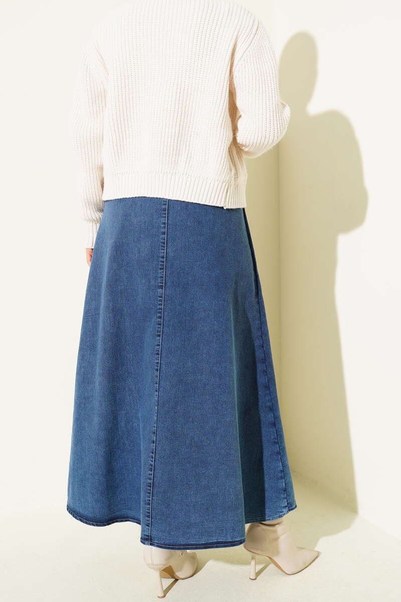 Flared Denim Skirt with Side Buttons - Blue