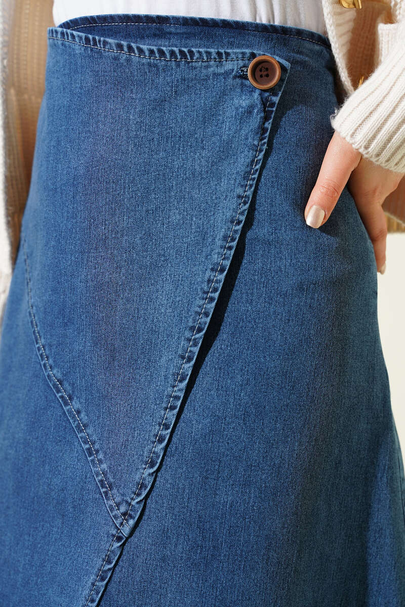 Flared Denim Skirt with Side Buttons - Blue