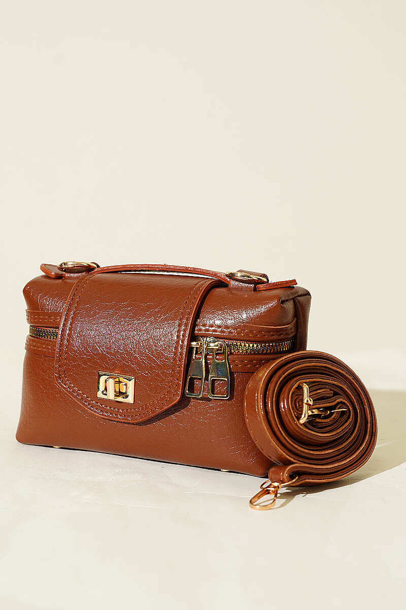 Side-Zip Bag with Lock Detail - Tan