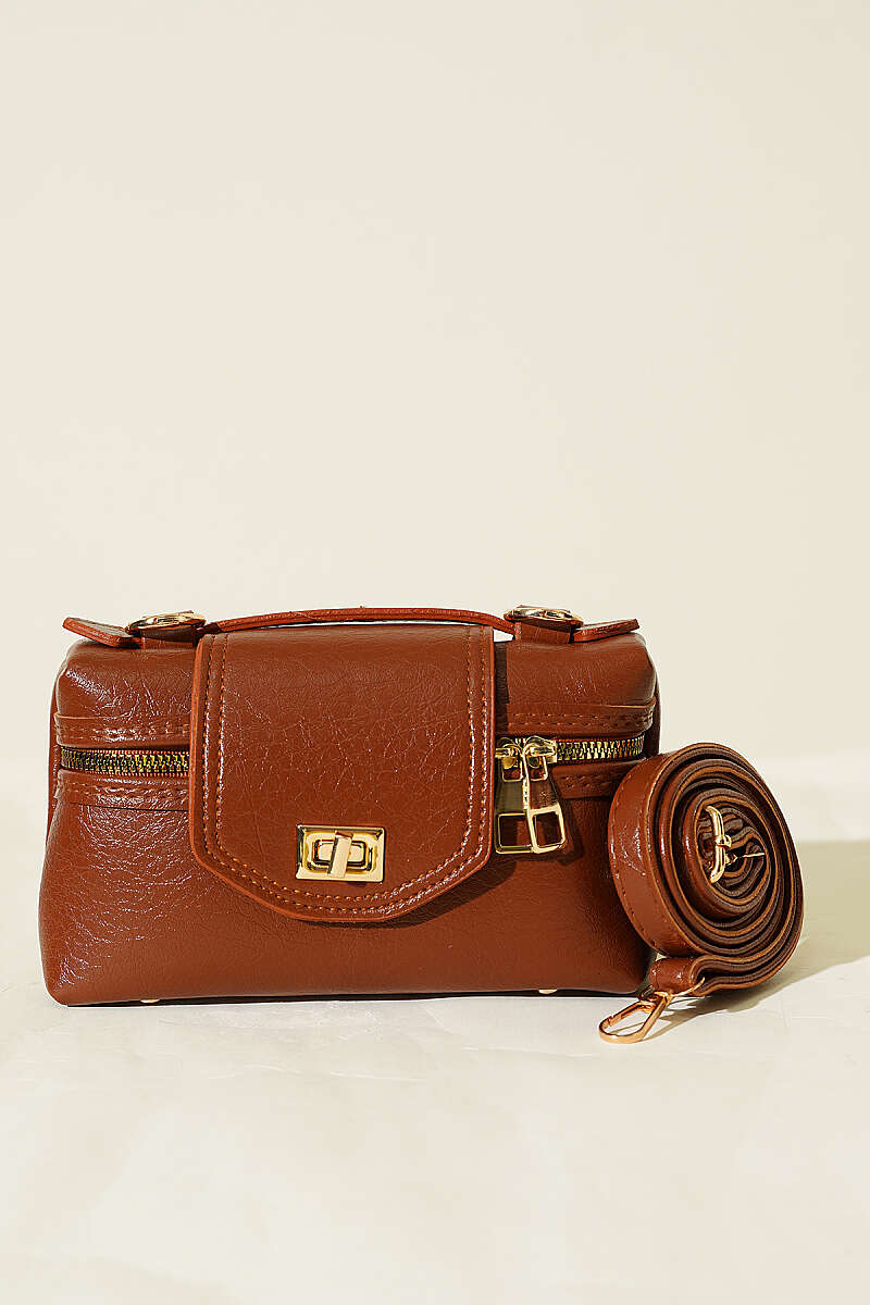 Side-Zip Bag with Lock Detail - Tan