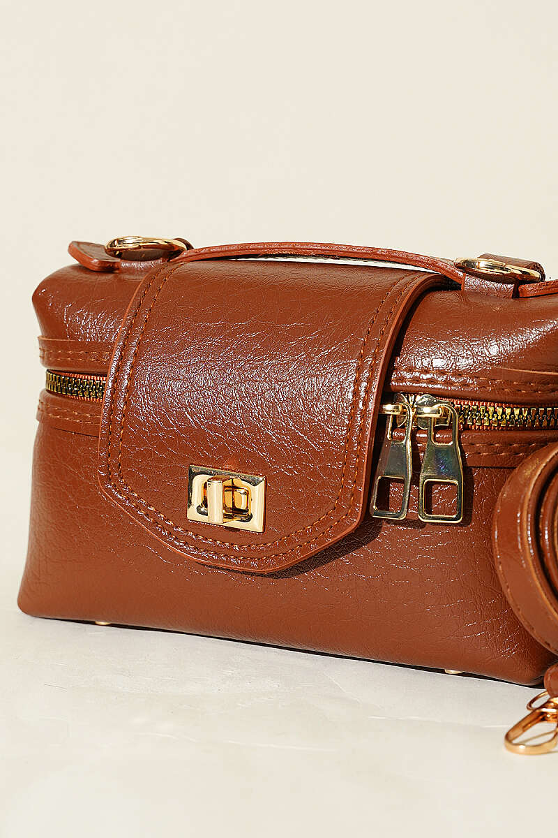 Side-Zip Bag with Lock Detail - Tan