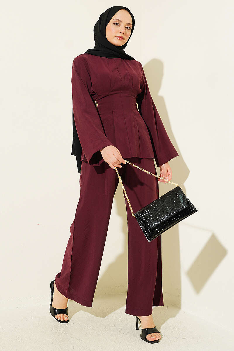 Pleated Two-Piece Set with Side Gold Buckle - Burgundy