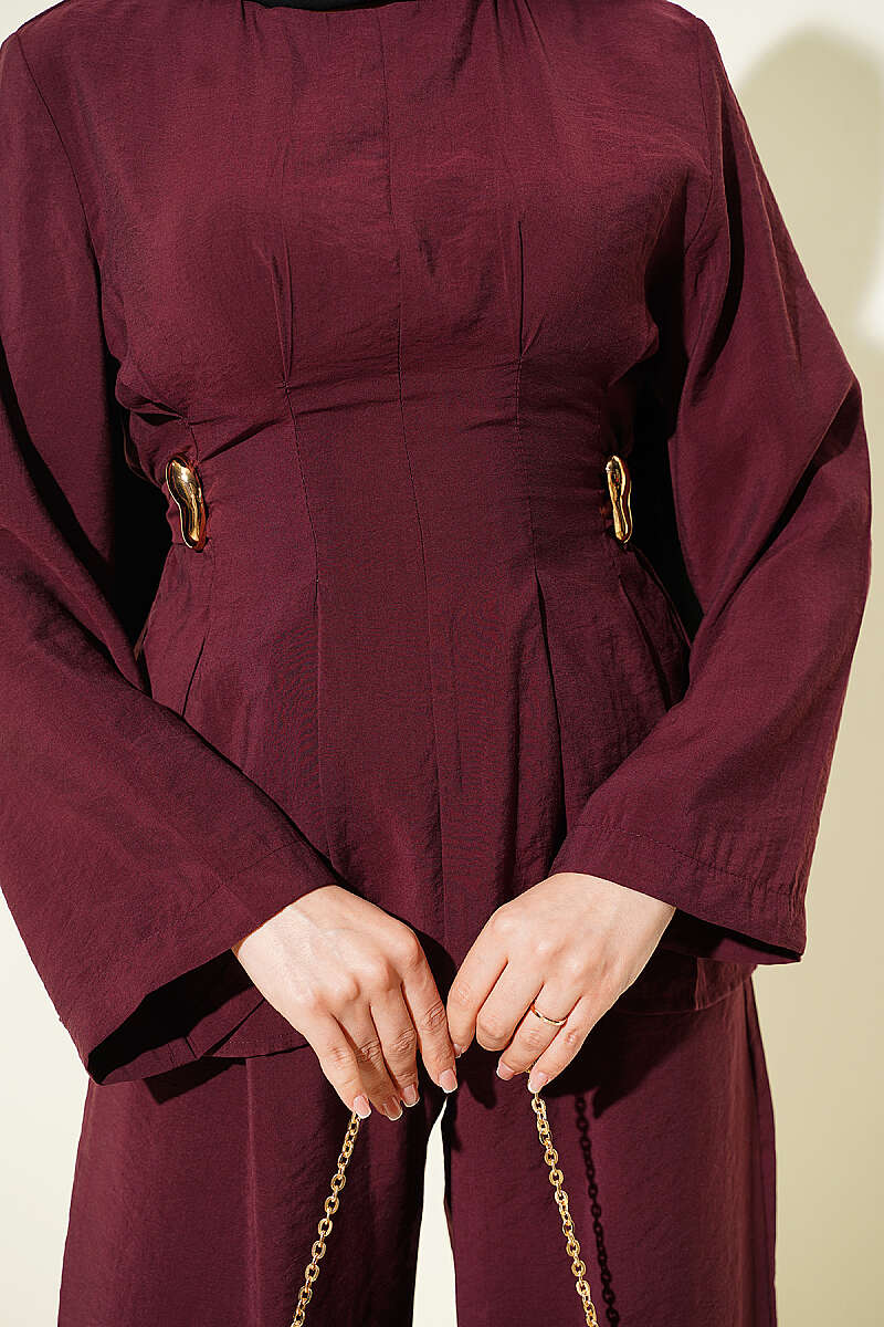 Pleated Two-Piece Set with Side Gold Buckle - Burgundy