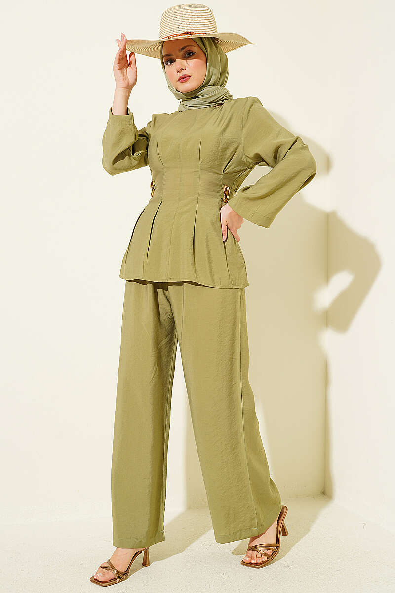 Pleated Two-Piece Set with Side Gold Buckle - Almond Green