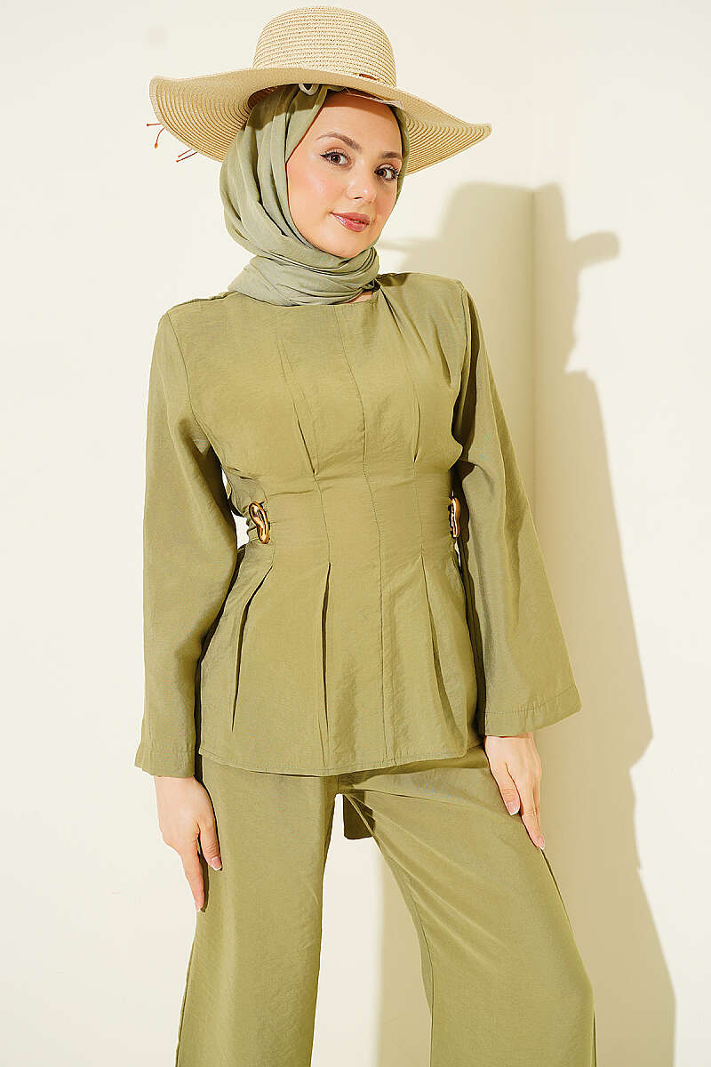 Pleated Two-Piece Set with Side Gold Buckle - Almond Green