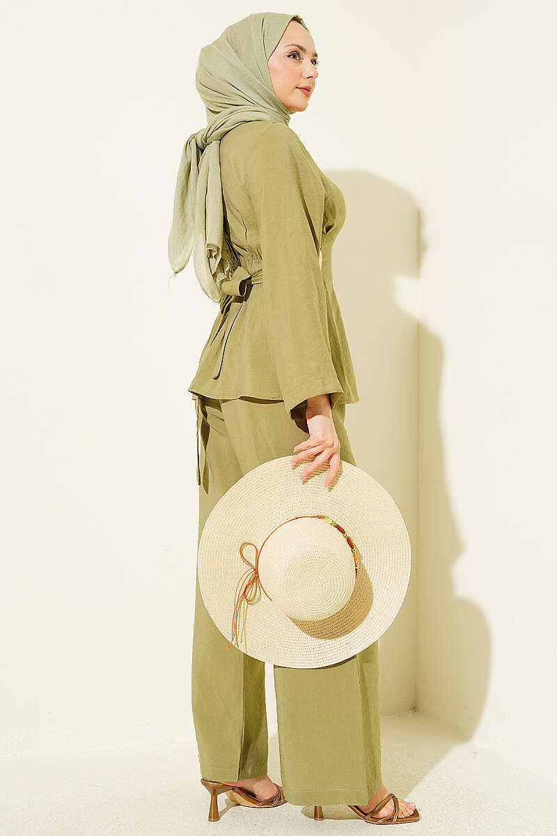 Pleated Two-Piece Set with Side Gold Buckle - Almond Green