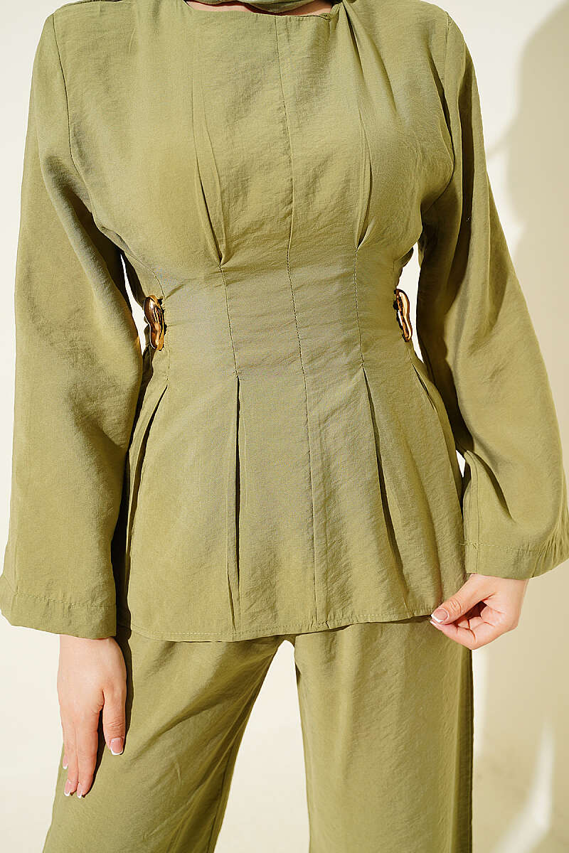 Pleated Two-Piece Set with Side Gold Buckle - Almond Green