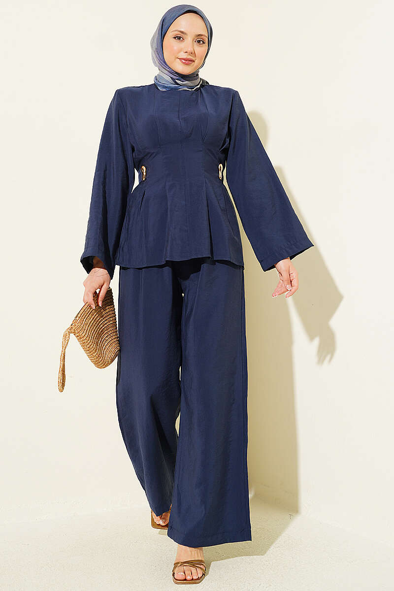 Pleated Two-Piece Set with Side Gold Buckle - Navy