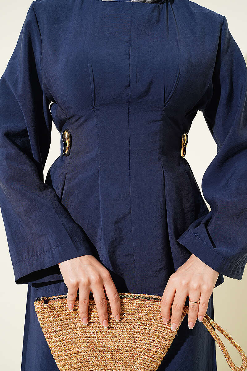 Pleated Two-Piece Set with Side Gold Buckle - Navy