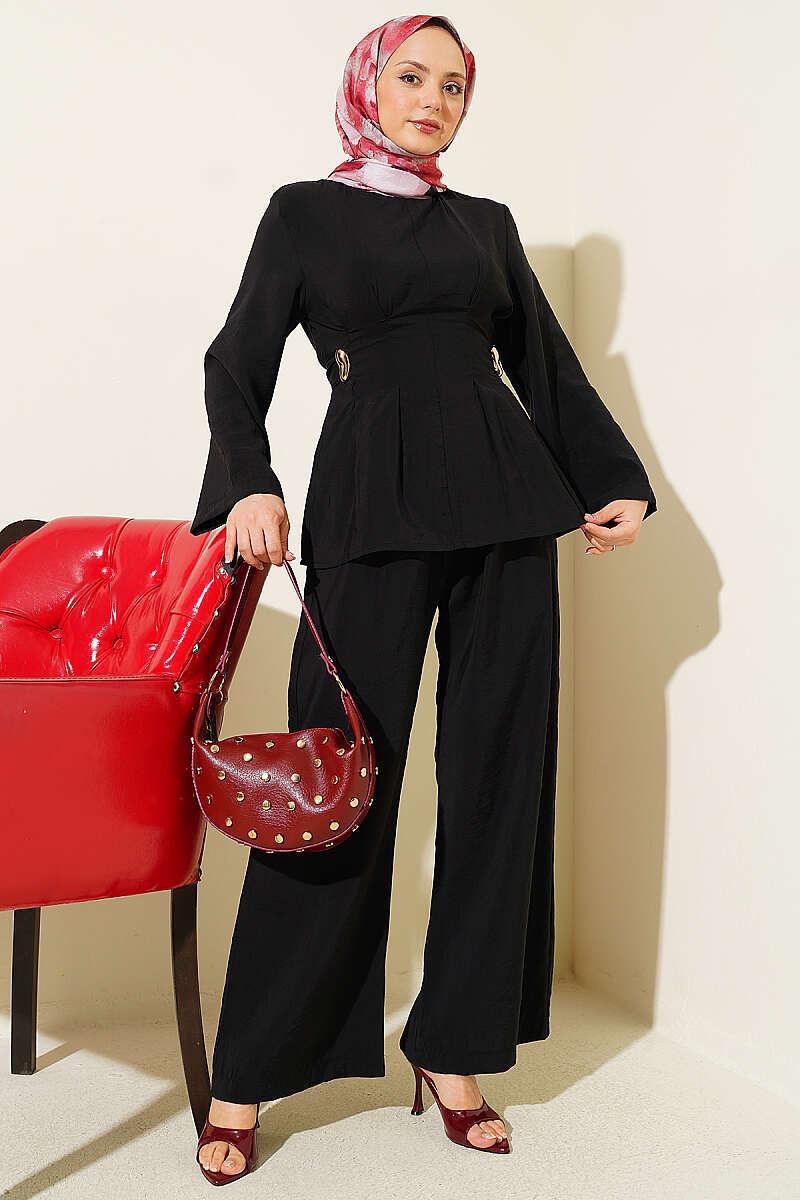 Pleated Two-Piece Set with Side Gold Buckle - Black