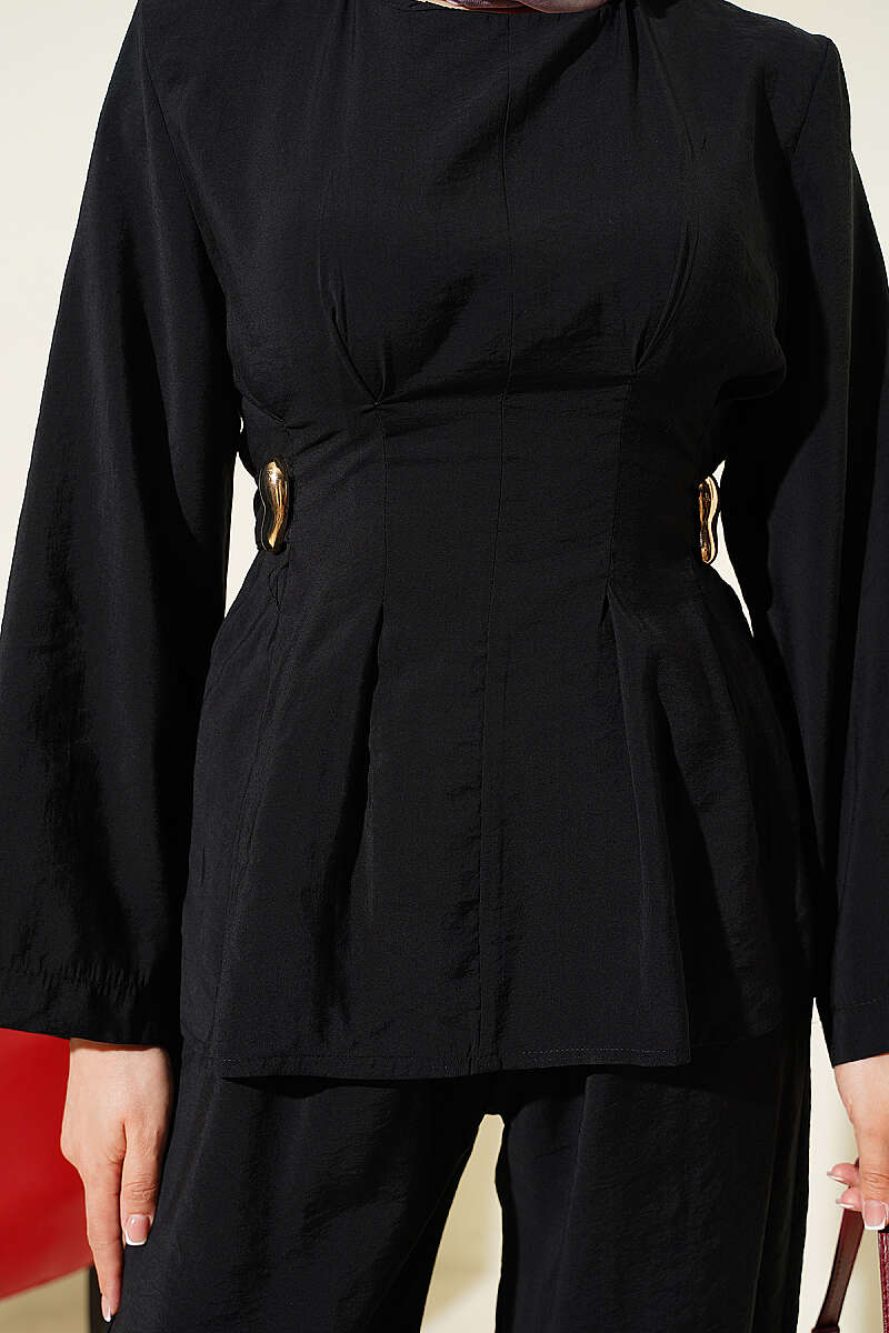 Pleated Two-Piece Set with Side Gold Buckle - Black