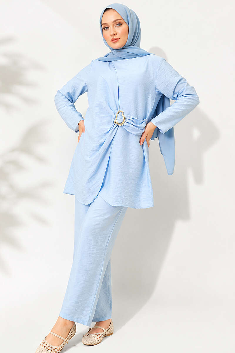 Tunic Two-Piece Set with Side Gold Buckle - Blue