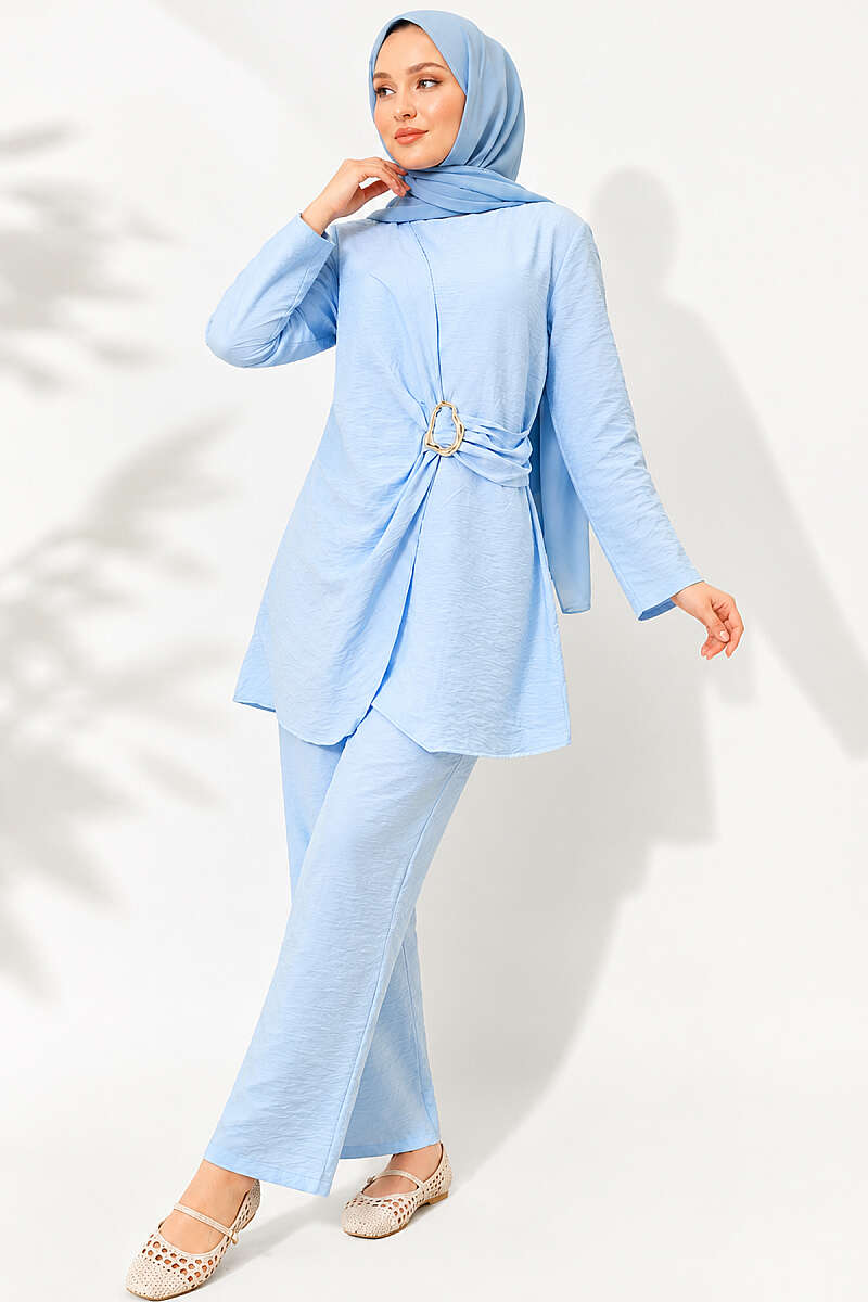 Tunic Two-Piece Set with Side Gold Buckle - Blue