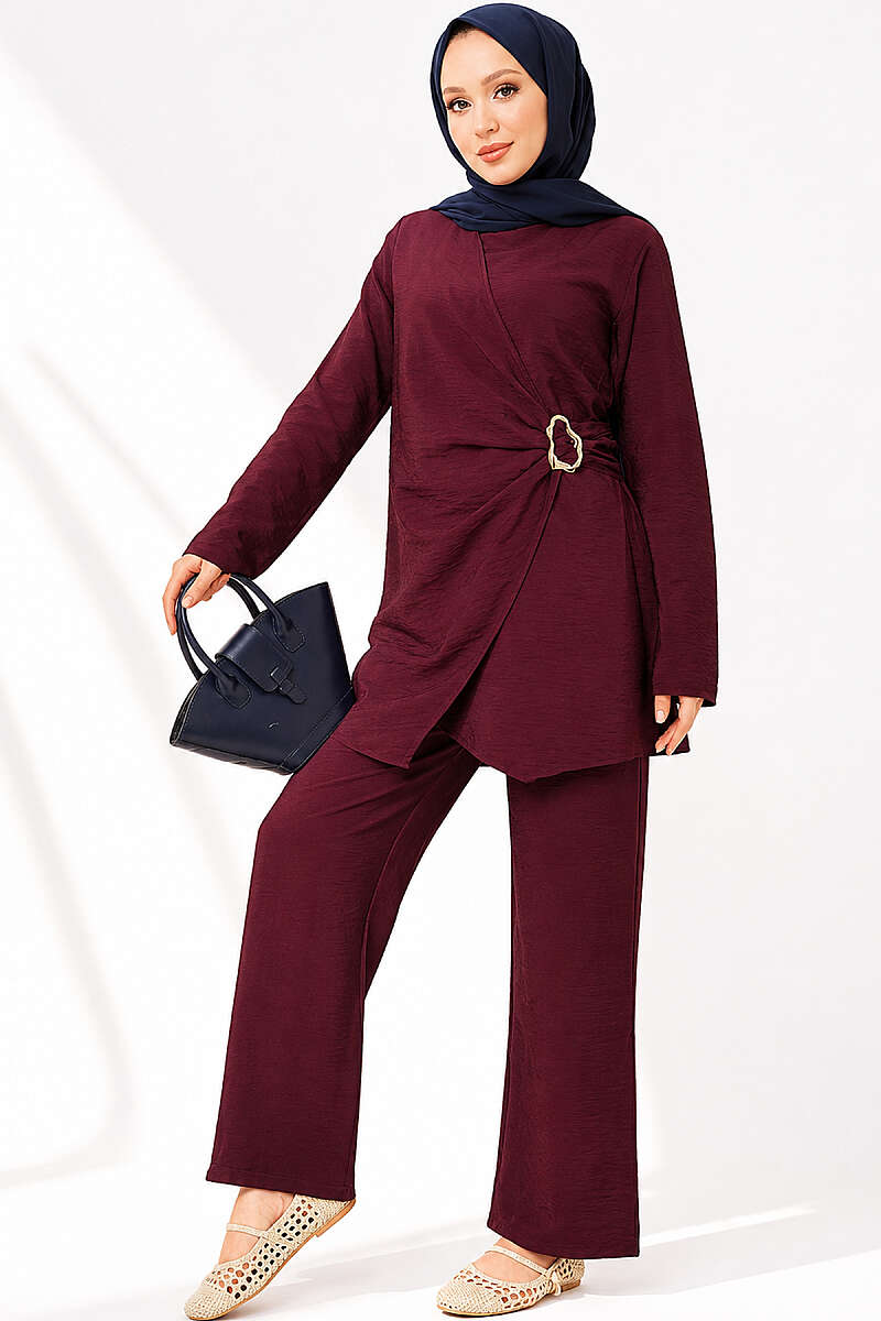 Tunic Two-Piece Set with Side Gold Buckle - Plum