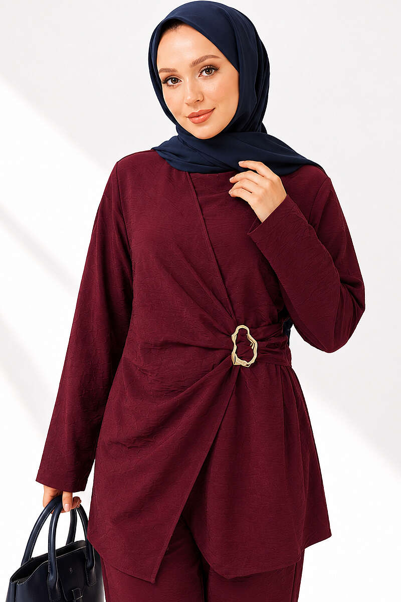 Tunic Two-Piece Set with Side Gold Buckle - Plum