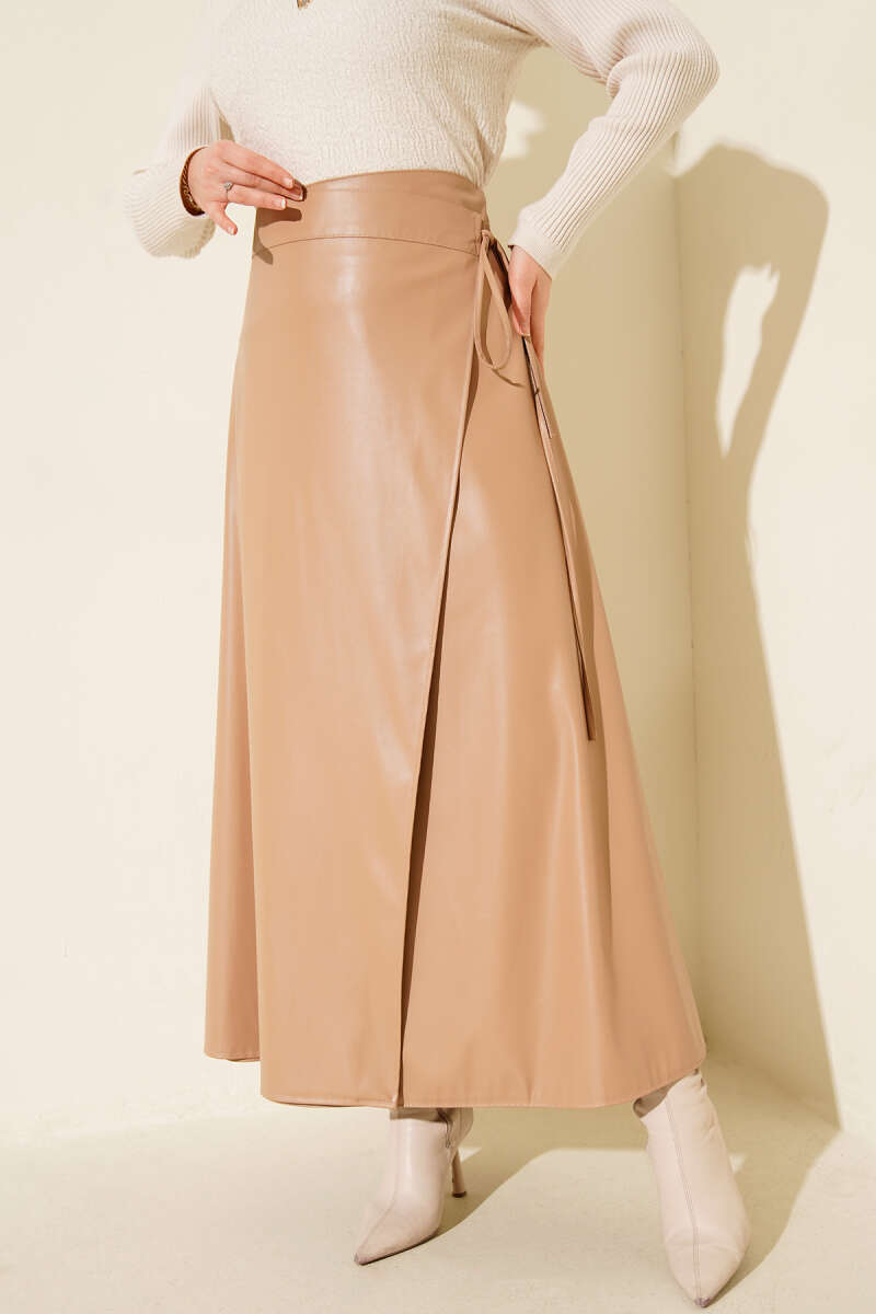 Faux Leather Skirt with Side Lacing - Latte