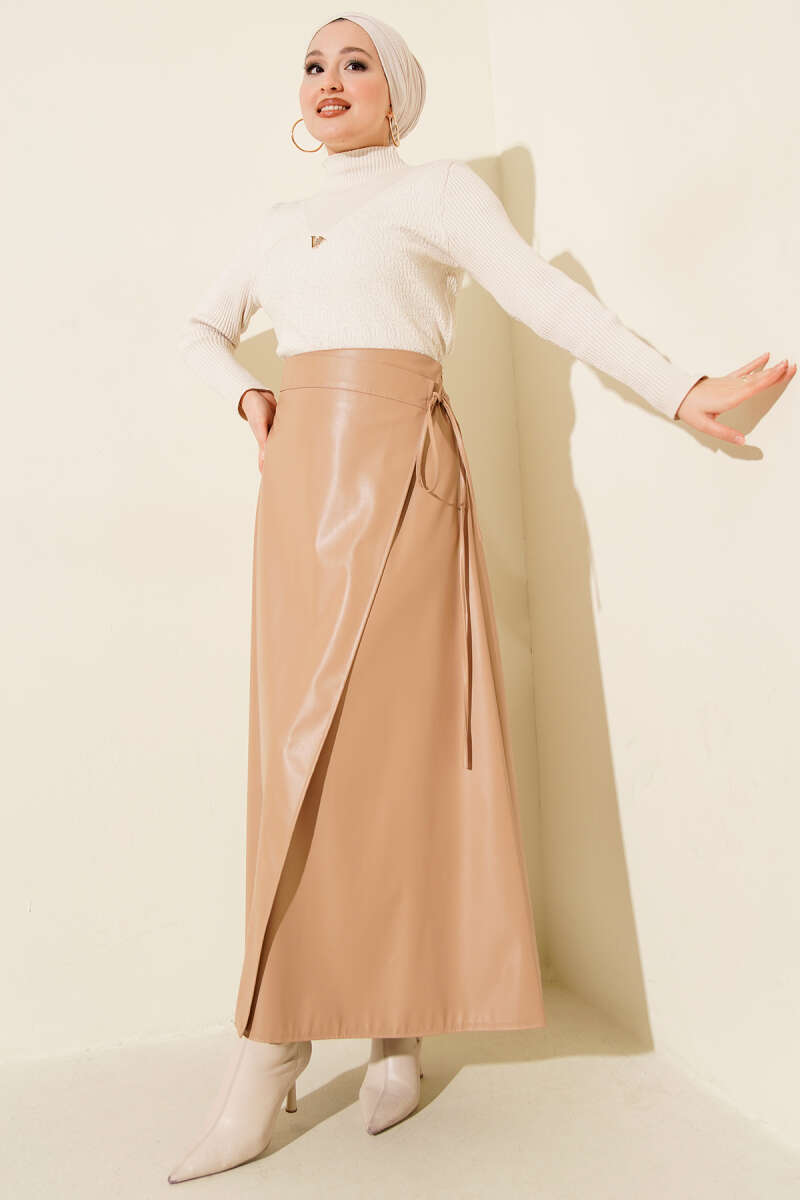 Faux Leather Skirt with Side Lacing - Latte