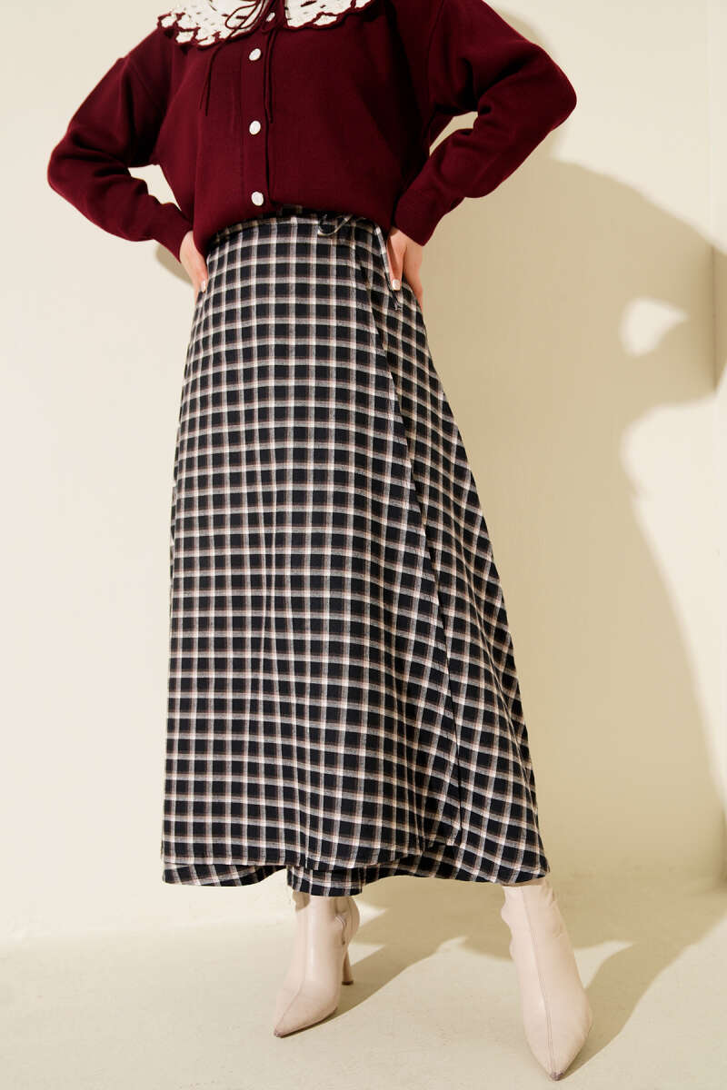 Plaid Skirt with Side Lacing - Navy